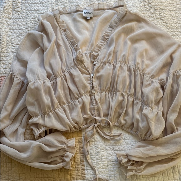 Sheer Ruffle Tie-Front Blouse in Cream - Picture 2 of 4